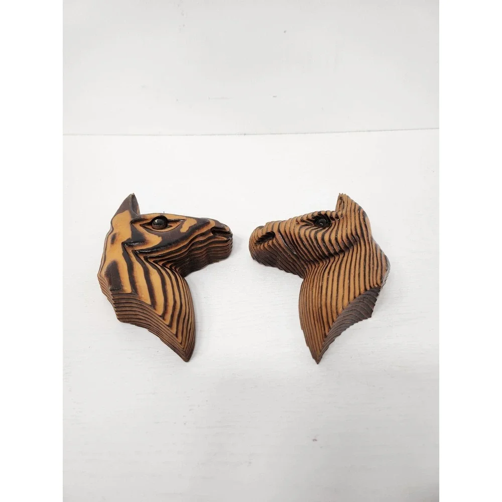 Vintage Wood Horse Head Figurine Wall Plaque Hand Carved Set of 2 Lacquered